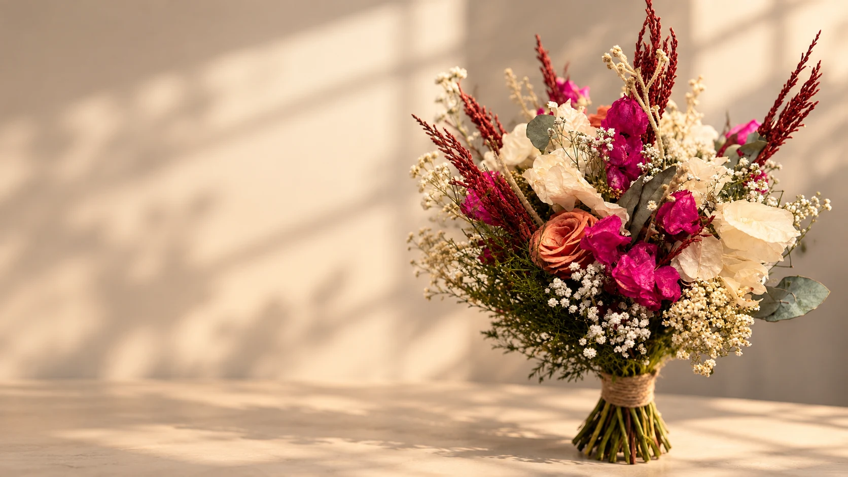Buquê de flores desidratadas em tons de pink, branco e terracota